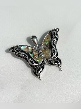 Big Silver Tone Inlay Abalone Shell Butterfly Pendant